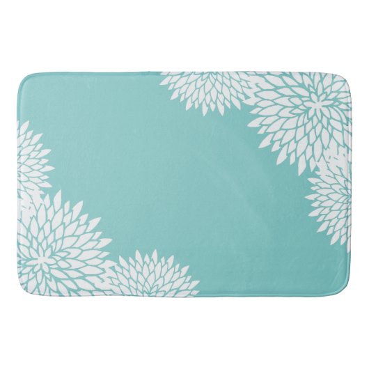 Modern Aqua Blue en White Floral Bath Mat (Voorkant)