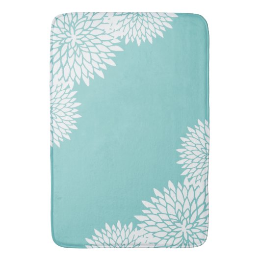 Modern Aqua Blue en White Floral Bath Mat (Voorkant Verticaal)