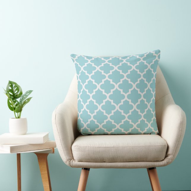 Modern Aqua Blue en White Quatrefoil Pattern Kussen (Stoel)