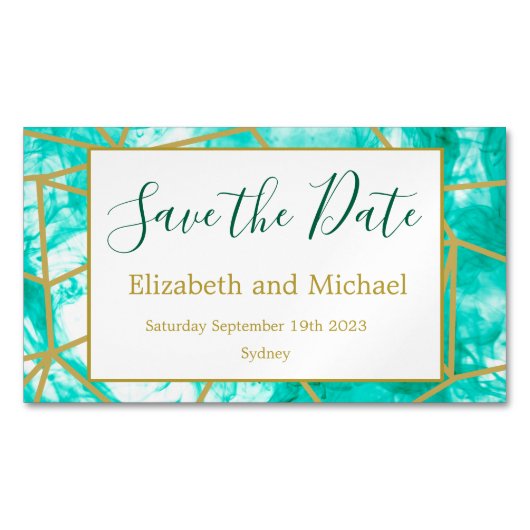 Modern Aqua Blue Gold Save the Date Magnet Magnetisch Visitekaartje (Voorkant)