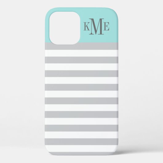 Modern Aqua Blue Gray Stripes Aangepast monogram Case-Mate iPhone Case (Achterkant)
