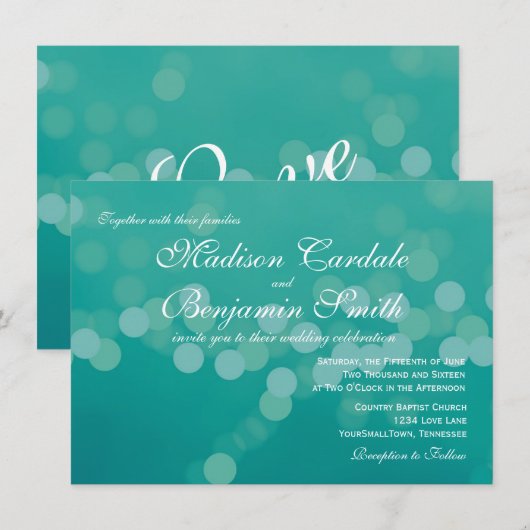 Modern Aqua Blue Green Bokeh Wedding Invitations Kaart (Voorkant / Achterkant)