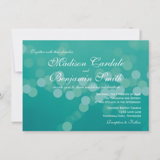 Modern Aqua Blue Green Bokeh Wedding Invitations Kaart (Voorkant)