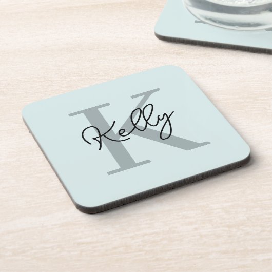 Modern Aqua Blue Monogram Script Bier Onderzetter (Linkerzijde)