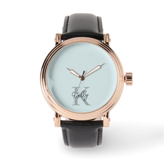 Modern Aqua Blue Monogram Script Horloge (Voorkant)