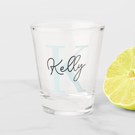 Modern Aqua Blue Monogram Script Shot Glas (Voorkant)