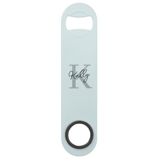 Modern Aqua Blue Monogram Script Speed Flessenopener (Achterkant)