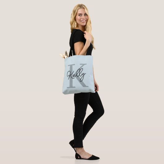 Modern Aqua Blue Monogram Script Tote Bag (Op model)