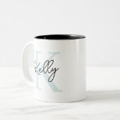 Modern Aqua Blue Monogram Script Tweekleurige Koffiemok (Voorkant links)