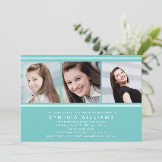 Modern Aqua Blue Photo Collage Graduation Party Kaart (Staand voorkant)