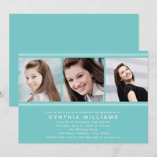 Modern Aqua Blue Photo Collage Graduation Party Kaart (Voorkant / Achterkant)