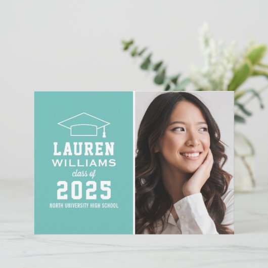 Modern Aqua Blue Photo Graduation Party Kaart (Staand voorkant)