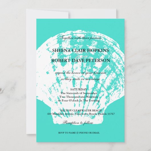 Modern Aqua Blue Seashell Wedding Invitations Kaart (Voorkant)