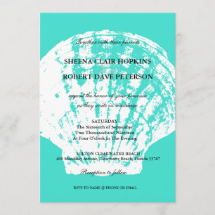Modern Aqua Blue Seashell Wedding Invitations Kaart