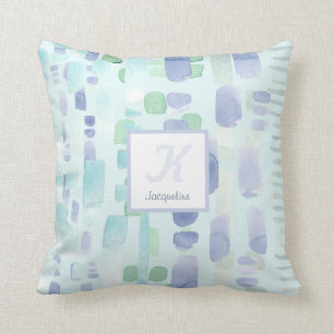 Modern Aqua Blue Waterverf Brush Strokes Monogram Kussen