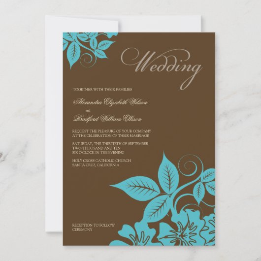 Modern Aqua/Brown Floral Wedding Invitation Kaart (Voorkant)