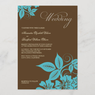 Modern Aqua/Brown Floral Wedding Invitation Kaart