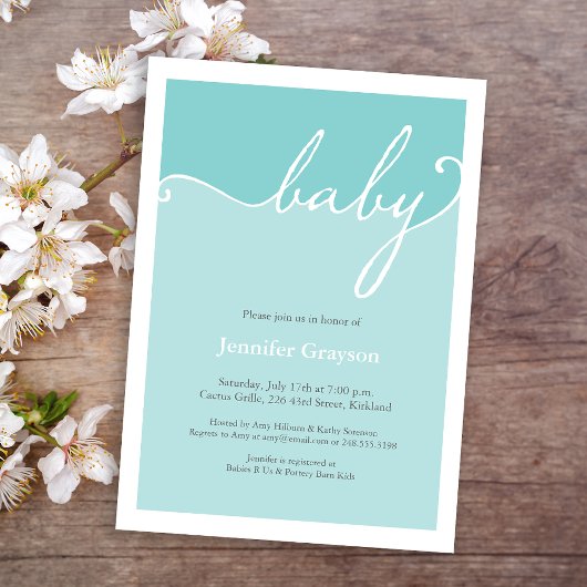 Modern Aqua Calligraphy Script Baby shower Kaart