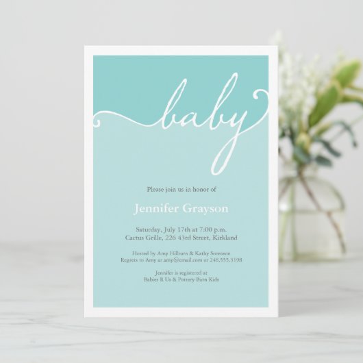 Modern Aqua Calligraphy Script Baby shower Kaart (Staand voorkant)