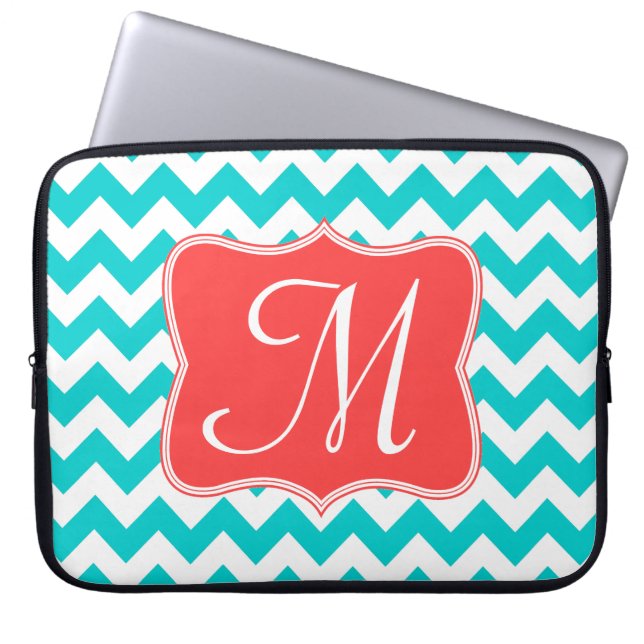 Modern Aqua Coral Chevron Monogram 15-inch laptop  Laptop Sleeve (Voorkant)