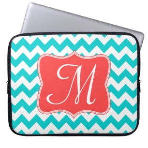 Modern Aqua Coral Chevron Monogram 15-inch laptop  Sleeve