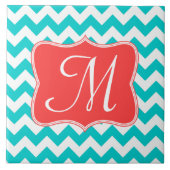 Modern Aqua Coral Chevron Monogram - Tile Tegeltje (Voorkant)