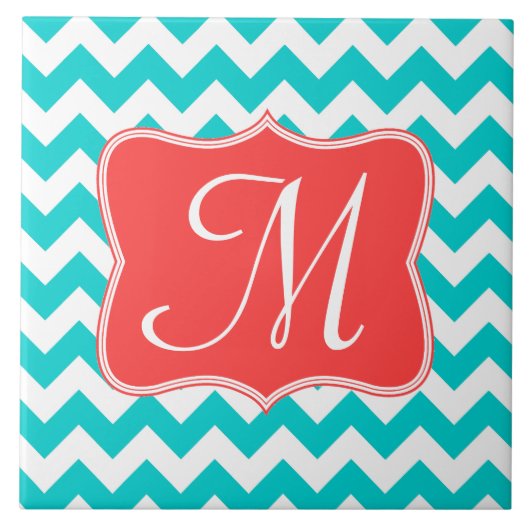 Modern Aqua Coral Chevron Monogram - Tile Tegeltje (Voorkant)