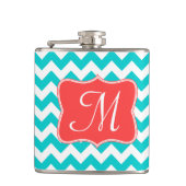 Modern Aqua Coral Chevron Monogram Whiskey Flask Heupfles (Voorkant)