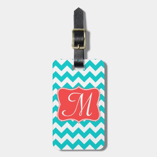 Modern Aqua Coral Chevron Zig Monogram Bagagelabel (Voorkant verticaal)