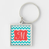 Modern Aqua Coral Chevron Zig Zag Stripe Sleutelha Sleutelhanger (Voorkant)