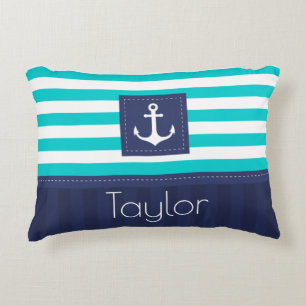 Modern Aqua Dark Blue Nautical Anchor Design Accent Kussen
