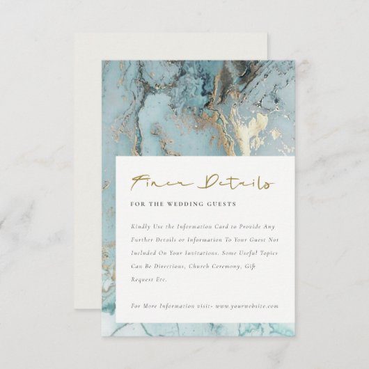 MODERN AQUA DUSKY BLUE GOLD AGATE WEDDING DETAILS INFORMATIEKAARTJE (Voorkant / Achterkant)