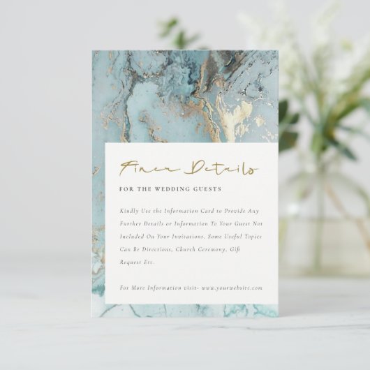 MODERN AQUA DUSKY BLUE GOLD AGATE WEDDING DETAILS INFORMATIEKAARTJE (Staand voorkant)