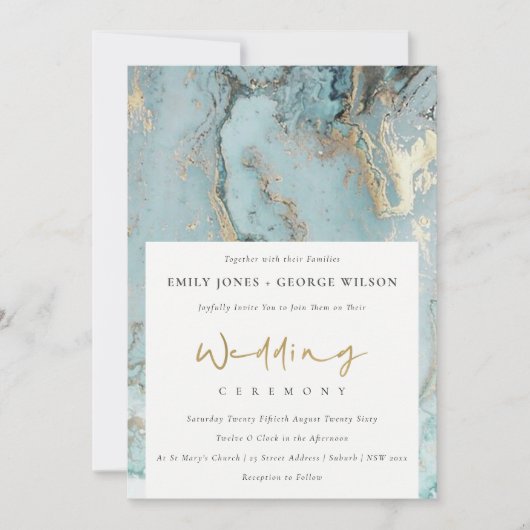 MODERN AQUA DUSKY BLUE GOLD AGATE WEDDING INVITE BEDANKKAART (Voorkant)