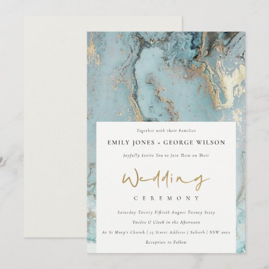 MODERN AQUA DUSKY BLUE GOLD AGATE WEDDING INVITE BEDANKKAART (Voorkant / Achterkant)