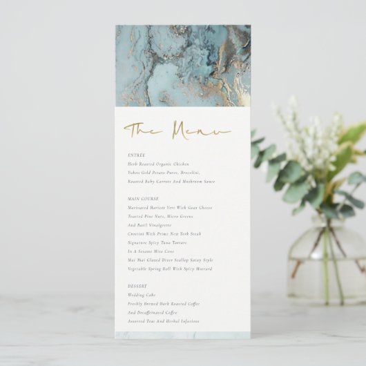 MODERN AQUA DUSKY BLUE GOLD AGATE WEDDING MENU (Staand voorkant)