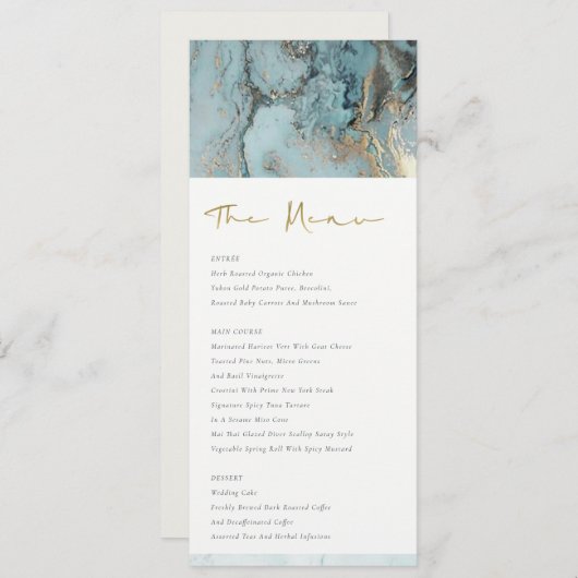 MODERN AQUA DUSKY BLUE GOLD AGATE WEDDING MENU (Voorkant / Achterkant)
