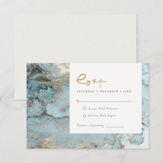 MODERN AQUA DUSKY BLUE GOLD AGATE WEDDING RSVP ENC INFORMATIEKAARTJE (Voorkant / Achterkant)