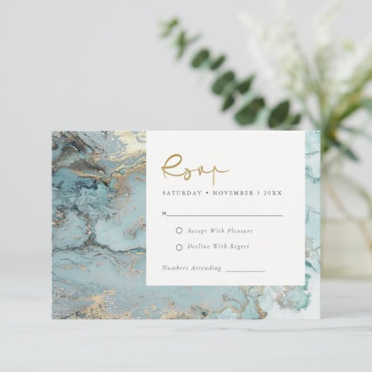 MODERN AQUA DUSKY BLUE GOLD AGATE WEDDING RSVP ENC INFORMATIEKAARTJE (Staand voorkant)