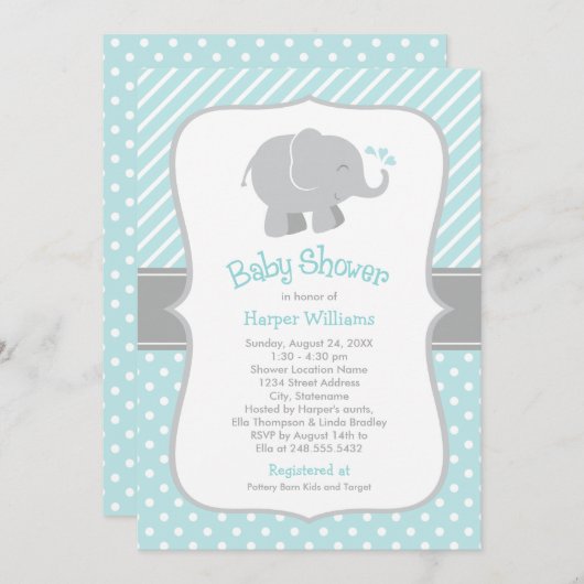 Modern Aqua en Grey Elephant Boy Baby shower Kaart (Voorkant / Achterkant)