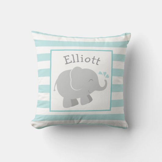 Modern Aqua en Grey Elephant Custom Monogram Kussen (Voorkant)