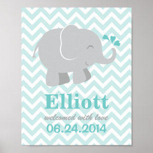 Modern Aqua en Grey Elephant Custom Monogram Poster