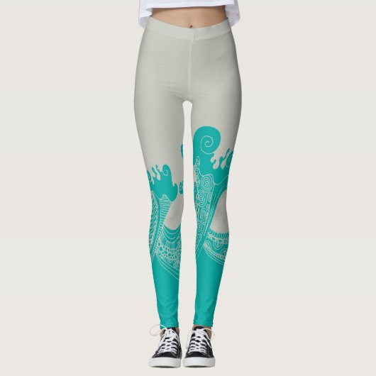 Modern Aqua en Grey Waves Leggings (Voorkant)
