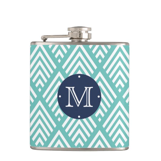 Modern Aqua en Navy Chevron Diamond Monogram Heupfles (Voorkant)