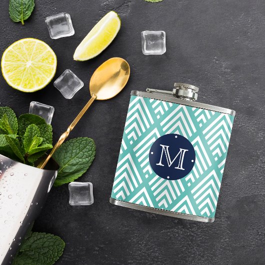 Modern Aqua en Navy Chevron Diamond Monogram Heupfles