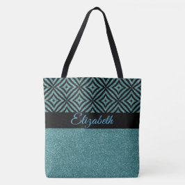 Modern Aqua Glitter Black Patroon Pesonalized Tote Bag