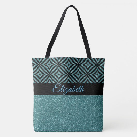 Modern Aqua Glitter Black Patroon Pesonalized Tote Bag (Voorkant)