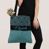 Modern Aqua Glitter Black Patroon Pesonalized Tote Bag (Dichtbij)