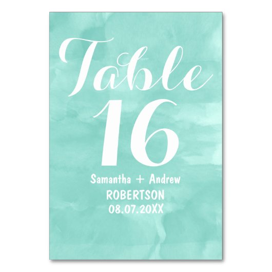 Modern aqua green waterverf table number kaart (Achterkant)