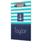 Modern Aqua Navy Stripes Anchor Personalized Klembord (Links)